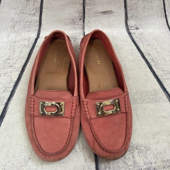 Coach Loafer Womens Size 6.5 Leather Neopoleon Flats Gold Metal Plate‎ Pink - Picture 3 of 10